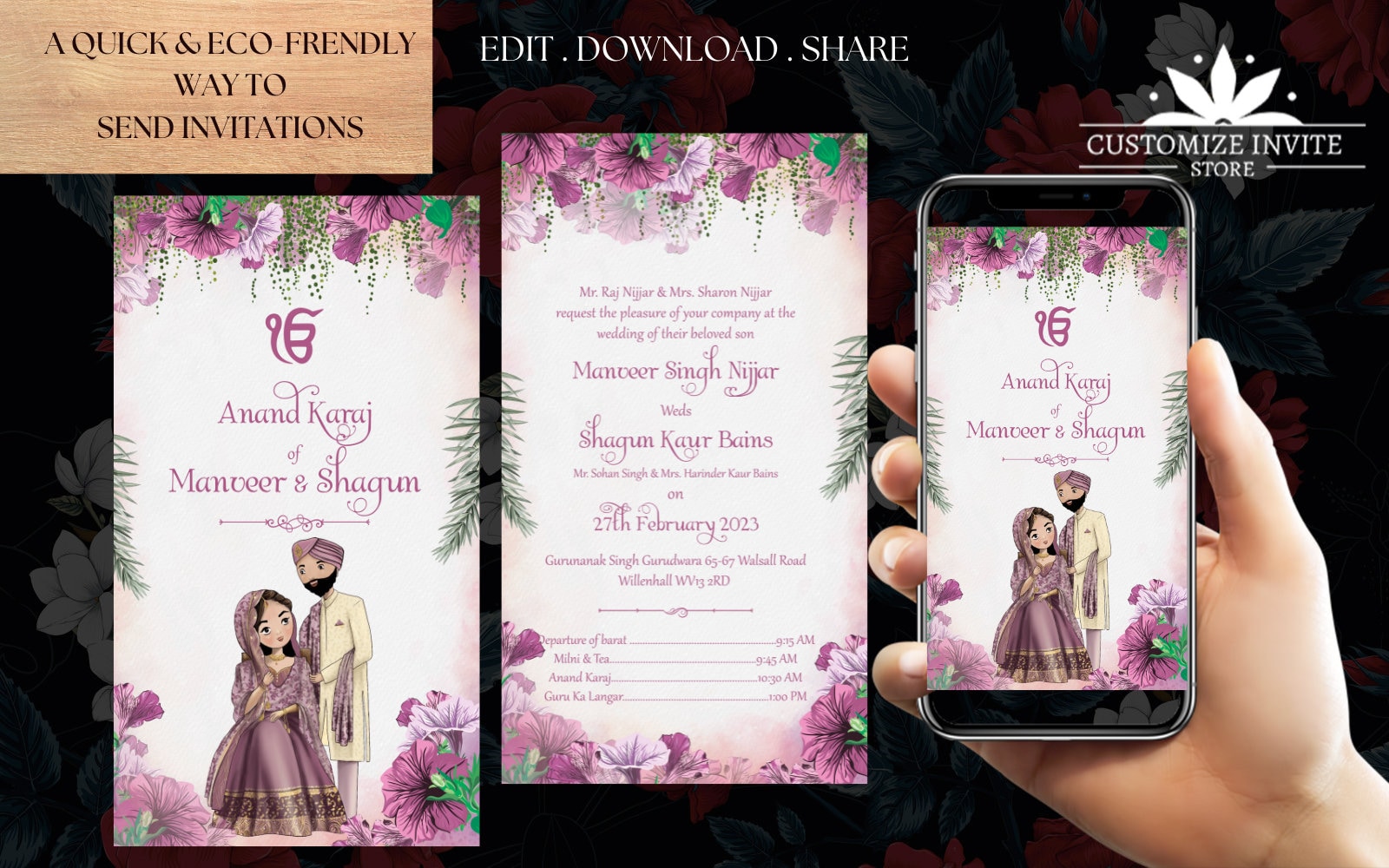Timeless Elegance: Digital Anand Karaj Cards, Sikh Wedding Invites, Punjabi  Invitations - Editable DIY Template - Etsy, image size:1600x1000