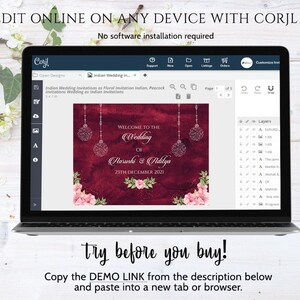 May include: A laptop screen displaying a wedding invitation template on the Corjl website. The invitation features a burgundy background with floral accents and the text "Welcome to the Wedding of Aarushi & Adilya 25th December 2021".