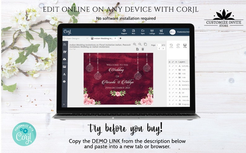 May include: A laptop screen displaying a wedding invitation template on the Corjl website. The invitation features a burgundy background with floral accents and the text "Welcome to the Wedding of Aarushi & Adilya 25th December 2021".