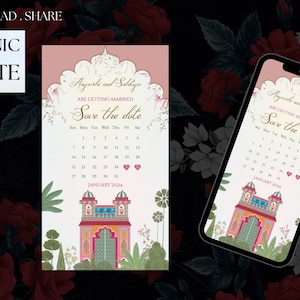 Hindu mughal palace and amaravati trees wedding invitation, calender date hindu Save the Date, Indian Wedding whatsapp Invite Save the Date