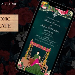 May include: A digital invitation for a Mehndi Ceremony and Kalyani & Deekshitha, taking place on February 7th, 2023 at 6:00 PM onwards at Rock Garden, Maithri Enclave, Sainikpuri, Hyderabad. The dress code is shades of pink.