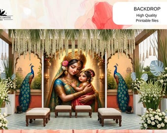 May include: A digital backdrop featuring a mother and child in traditional attire, set against an ornate architectural background. Two peacocks flank the central figures. The scene is decorated with floral arrangements and hanging garlands. Text on the image reads "BACKDROP High Quality Printable files."