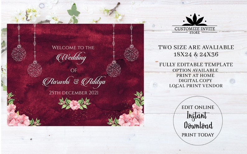 May include: A burgundy wedding invitation template with a watercolor background, pink flowers, and silver ornaments. The text reads "Welcome to the Wedding of Aarushi & Adilya 25th December 2021". The template is fully editable and available in two sizes: 18x24 and 24x36 inches.  You can print at home, get a digital copy, or use a local print vendor.  Edit online and download instantly.