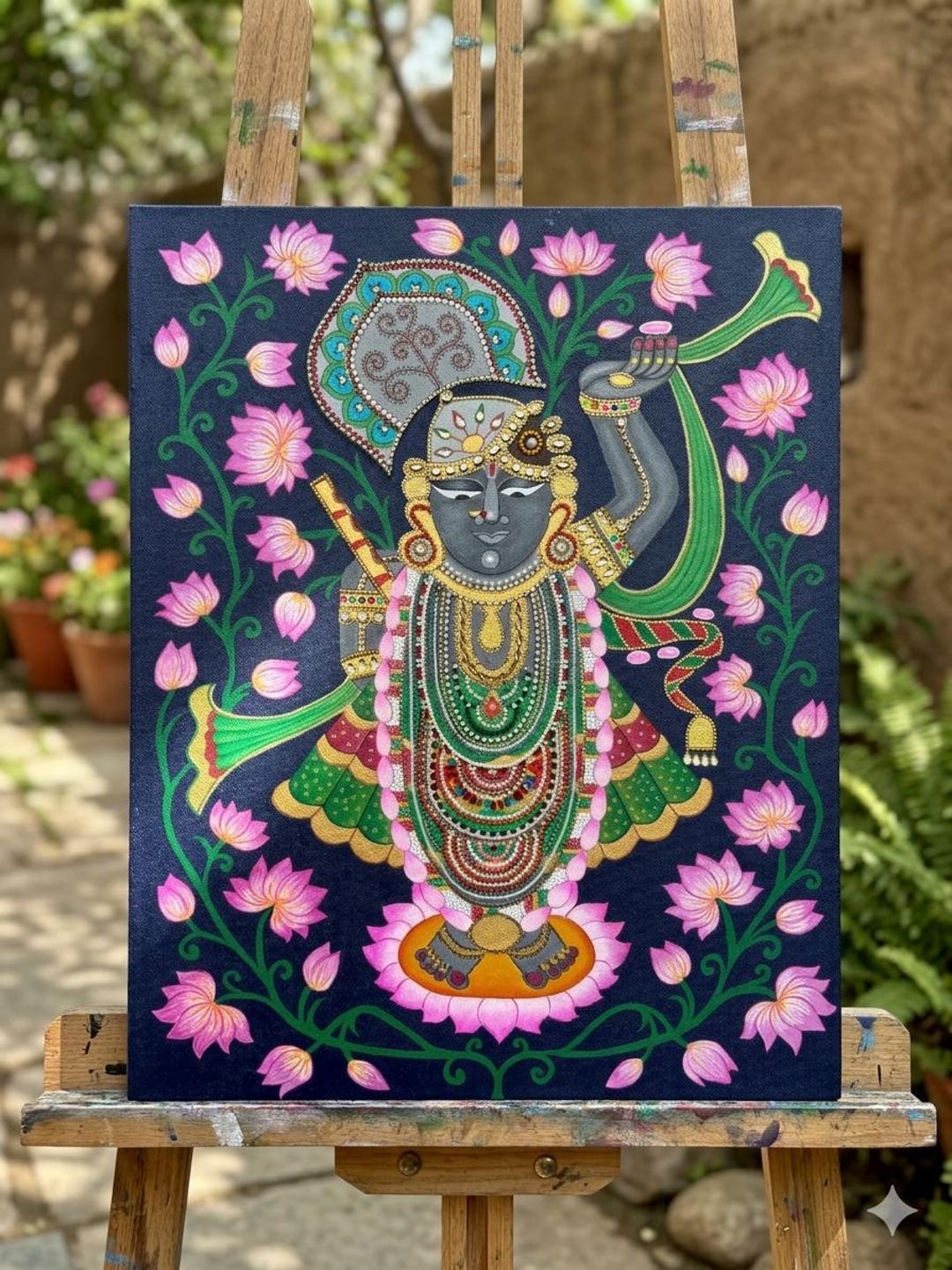 Hand Painted Shrinathji Acrylic Painting With Stone Work on Canvas