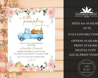 Fall Baby Shower Invitation Template, Printable Pumpkin Baby Shower Invitation Template, Pink Pumpkin Invitation, TEMPLETT, WLP-TPU 5188