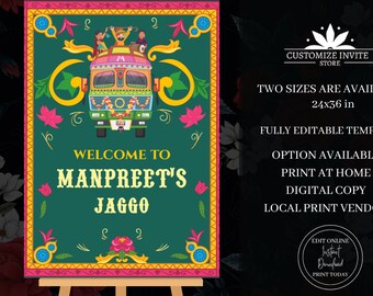 May include: A welcome sign for a party with a green background and a colorful illustration of a decorated bus. The text on the sign reads "Welcome to Manpreet's Jaggo".
