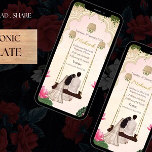 Green Beautiful couple Mehndi invite as Digital Mehndi invitation & Mehndi Invites, Mendhi Night invites as Mehendi invites, Dholki invites