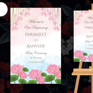 Welcome signages for Our Beginning Signs, Hindu Wedding Welcome Signage, Beautiful lotus background with lotus hangings card welcome signage
