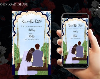 May include: Save the date card with a blue and gold archway design. The card features a couple sitting on a swing with a blue sky and green trees in the background. The text on the card reads "Save the Date for the wedding date of Akshay with Ridhi 24th-25th April".