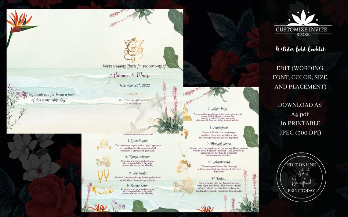 Beautiful Beach Hindu Wedding Program Printable Invite Template ...