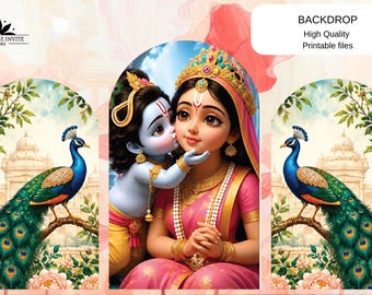 May include: A digital backdrop featuring a central image of two figures in traditional attire, kissed by a blue-skinned figure. Two peacocks perch on branches flanking the central image. Text at the top reads "BACKDROP High Quality Printable files."
