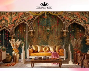 May include: An ornate interior scene with a decorative backdrop featuring archways and intricate patterns. A swing-style sofa with gold cushions and a wooden coffee table are in the foreground. The scene is decorated with vases and hanging ornaments.