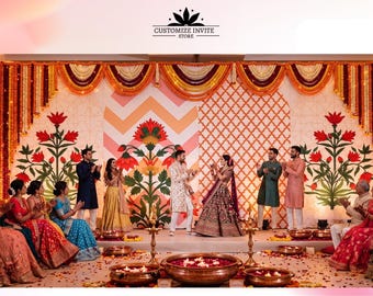 Garden of Lines Theme Printed Event Back | Haldi arch backdrop,Yellow and orange theme (Size Customizable Digital Download)