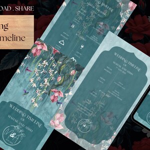 Pode incluir: Um modelo de cronograma de casamento azul-turquesa com designs florais e o texto "Wedding Timeline of Mahak and Atish" e "M&A".