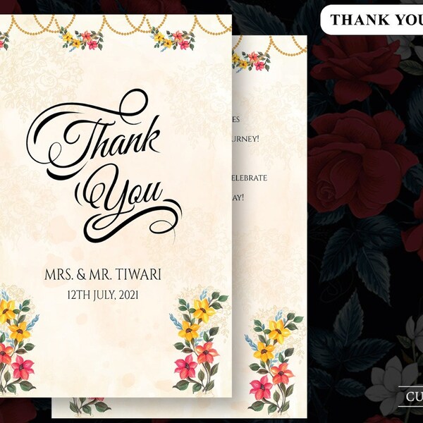 Indian Thank you cards Red & Yellow Floral Wedding Thankyou Cards Traditional, Wedding Thank You Cards as Thank You Notes with Gold Florals