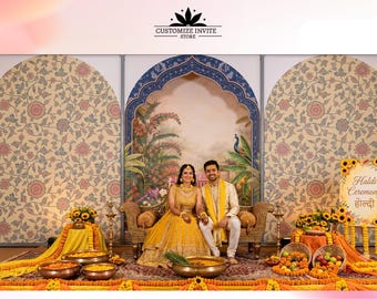May include: A decorative backdrop for a Haldi ceremony featuring three arched panels with floral patterns and a central peacock illustration. A couple sits on a gold sofa, surrounded by marigold garlands, bowls of flowers, and a sign reading Haldi Ceremony.