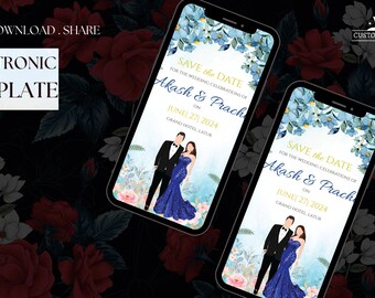 May include: A digital save the date card with a blue and white watercolor floral design. The card features a couple in formal attire and the text "Save the Date for the wedding celebrations of Akash & Prachi on June 27, 2024 Grand Hotel Latur".