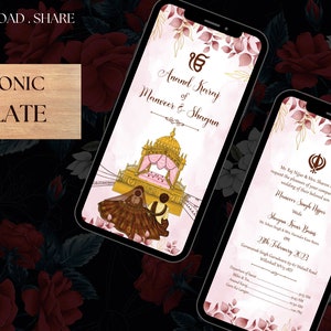 Maroon peonies background with beautiful gurudwara invite as Punjabi wedding printable invite, Sikh Anand kraj invite, Sikh Printable invite