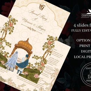 May include: A four-page wedding invitation booklet featuring a traditional Indian design. The cover displays a gold and white pattern with the text "Anand Karaj of Manveen & Shagun". The inner pages showcase a floral design and a couple standing beneath a canopy.