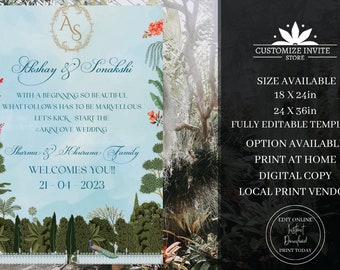 Editable Mughal Greenery Indian Wedding Welcome Sign Board, Welcome to our Wedding Sign, Hindu Wedding Welcome Sign, Digital Download  print