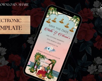 May include: A digital save the date card with a pink and blue gradient background. The card features a floral design with a couple sitting under a floral arch. The text reads "Save the Date Nidhi & Vikram's Are Getting Married 11th March, 2023 Chantilly, VA Formal Invitation to Follow."