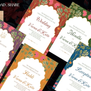Minimal Modern Wedding Invitation, Simple Elegant Wedding invites Template, Minimalist Mughal Wedding Invitation Set Indian Wedding Invite