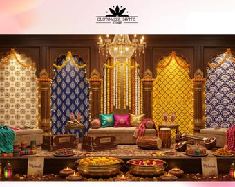 May include: A digital backdrop featuring a decorated stage with five arched panels, a central sofa with colorful cushions, musical instruments like a harmonium and dhol, brass bowls filled with marigolds, and lanterns, with the text CUSTOMIZE INVITE STORE.