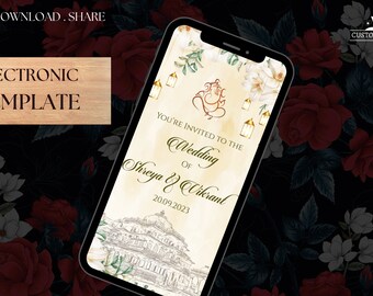 May include: A digital wedding invitation template with a floral design. The invitation features a gold and white color scheme with a depiction of a Hindu deity. The text reads "You're invited to the wedding of Shreya & Vikrant 20.09.2023".