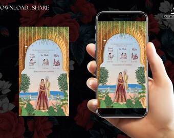 Könnte beinhalten: Eine digitale Save-the-Date-Karte mit einer farbenfrohen Illustration einer Hochzeitszeremonie unter einem Torbogen. Die Karte enthält den Text "We request your gracious presence for" und listet die Ereignisse auf: "Blessed Ceremony", "Jai Mala" und "Phera" mit Uhrzeiten. Die Karte enthält auch den Text "Followed by Dinner".