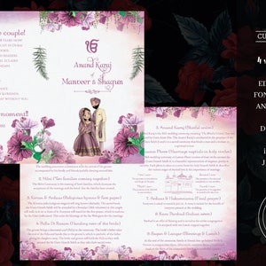 Pode incluir: Um livreto de convite de casamento rosa e branco com desenhos florais e um casal em trajes tradicionais indianos. O texto na capa diz "Anand Karaj de Manveer & Shagun".