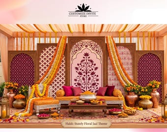May include: A decorative event backdrop featuring wooden arched panels with intricate patterns, draped with yellow and orange marigold garlands. A low wooden bench with pink cushions, a central coffee table, and copper vessels are arranged.