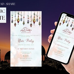 Ramdaan decoratieve lampen eenvoudig bewerkbare Iftar-feestuitnodiging, WhatsApp Iftar elektronische sjabloon, digitale Ramadan Iftar-dinerfeestuitnodiging