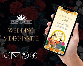 Könnte beinhalten: Ein Smartphone zeigt eine Videoeinladung zur Hochzeit. Die Einladung zeigt ein Paar in traditioneller Kleidung, Blumenschmuck und den Text "Haldi of Sara & Sahil". Der Hintergrund ist ein Blumenmuster mit Rosen.