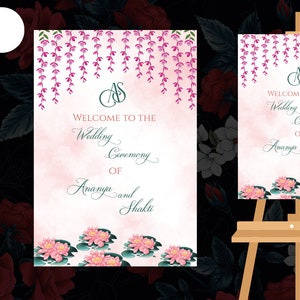 Indian Wedding Welcome Sign Board as Hindu Welcome Signage, Lotus Theme Hindu Wedding Ceremony signs Bridal as Welcome to our Happily Ever