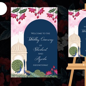 Welcome to Our Beginning Signages, Hindu entrance Wedding Welcome Signage, Beautiful lotus, blue bg and peacock theme hangings welcome signs