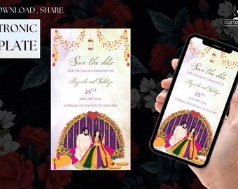 May include: An electronic wedding invitation template with the text "Save the date" for a Haldi ceremony. The design features a couple in traditional attire, floral decorations, and the date January 25th, 2024. The words "Electronic Template" are also visible.