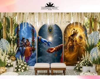May include: A decorative backdrop featuring three arched panels with religious figures and a peacock feather. The panels are flanked by floral arrangements and two small ottomans. The text "CUSTOMIZE INVITE STORE" is at the top.