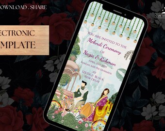 Green Beautiful couple Mehndi invite as Digital Mehndi invitation & Mehndi Invites, Mendhi Night invites as Mehendi invites, Dholki invites