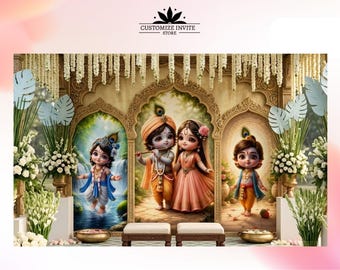 May include: A digital illustration of a wedding backdrop featuring three arched frames with cartoon-style figures of Krishna and Radha. The backdrop is decorated with flowers and the text "CUSTOMIZE INVITE STORE".