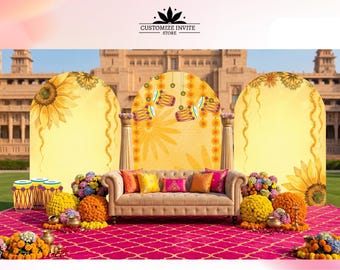 May include: A wedding stage setup with a beige sofa, colorful pillows, and floral arrangements. The backdrop features yellow arches with sunflower and decorative elements. The stage is set on a pink patterned carpet, with a building in the background. The text "CUSTOMIZE INVITE STORE" is at the top.