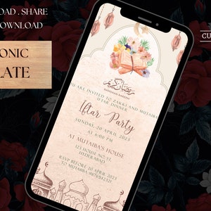 Op de afbeelding: Een digitale uitnodiging voor een Iftar-feest met een bloemenontwerp en een moskee-illustratie. De tekst luidt: "U bent uitgenodigd voor Zakki en Mutaiba Iftar Dinner. Iftar Party. Zondag 20 april 2023 om 18:00 uur. Bij Mutaiba's House, 123 House No. St., Hyderabad. RSVP vóór 20 april 2023 aan Mutaiba 9876542321."