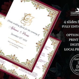 Könnte beinhalten: Ein bordeauxfarbenes und goldenes Hochzeits-Einladungsheft mit einem verzierten Rand und einem Bild einer hinduistischen Gottheit. Der Text lautet "Hindu wedding Guide for the ceremony of Abhinav & Mansi December 25th, 2022".