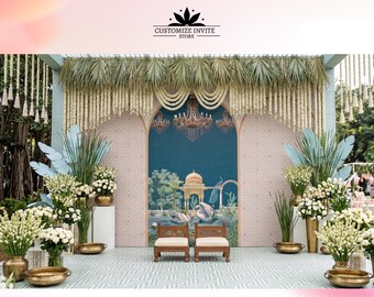 May include: A wedding stage backdrop featuring a central arch with a blue mural of a palace and swans, flanked by pink patterned panels. The setup includes two wooden chairs, hanging white floral garlands, palm fronds, and white roses in gold bowls.