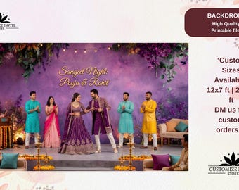 May include: A purple backdrop for a Sangeet Night event featuring the text Sangeet Night: Pooja & Rohit. The backdrop displays floral arrangements and string lights. Text on the right indicates custom sizes of 12x7 ft and 24x14 ft are available.