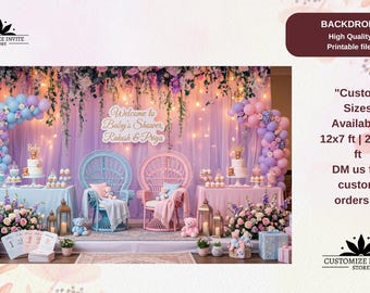 May include: A baby shower backdrop featuring a light blue and pink color scheme with balloon arches, two peacock chairs, floral arrangements, and a sign that reads Welcome to Baby's Shower, Rakesh & Priya. Available in 12x7 ft and 24x14 ft sizes.