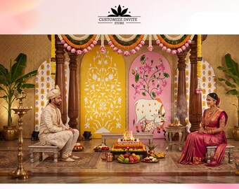 May include: A traditional Indian wedding ceremony setup featuring a couple seated on stools before a central fire pit. The backdrop includes yellow and pink arched panels with floral and cow illustrations, flanked by wooden pillars and banana plants.