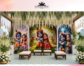 May include: A decorative event backdrop featuring cartoon illustrations of Krishna and Radha. The scene includes floral arrangements, seating, and the text "CUSTOMIZE INVITE STORE". The backdrop is adorned with hanging decorations.