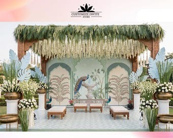 May include: A decorated outdoor event space with a floral arch, floral arrangements, and a backdrop featuring a peacock and fountain design. The space includes seating and decorative elements, with the text "CUSTOMIZE INVITE STORE".