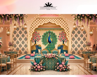 May include: A wedding reception venue featuring a central stage with a large peacock illustration, two blue elephant motifs, and pink floral trees. A teal tablecloth covers the main table, which is adorned with pink and white floral arrangements.