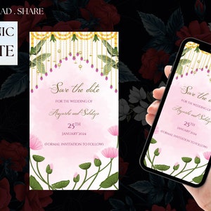 Hindu pink lotus hangings and lotus flowers watercolour background customization invitation, Indian Wedding whatsapp Invite Save the Date